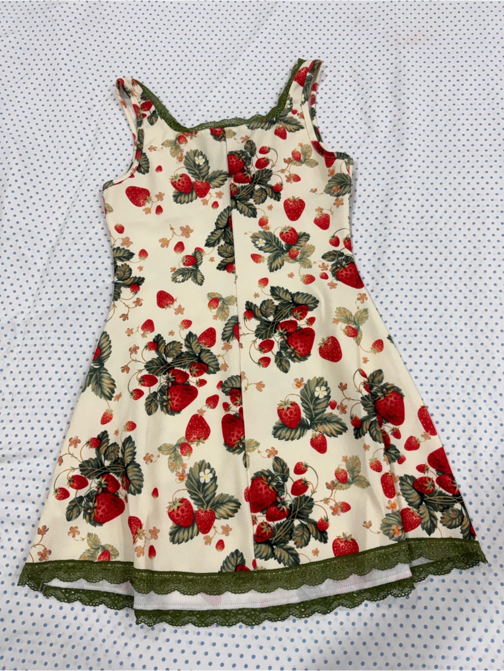Cider Cream Strawberry Print Dress with Green Trim - Picture 2 of 3